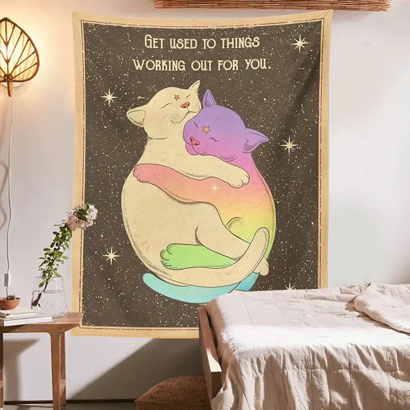 Cream and rainbow cat tapestry tarot wall hanging featuring two affectionate cats and a starry background with positive decorbites cat tapestry message