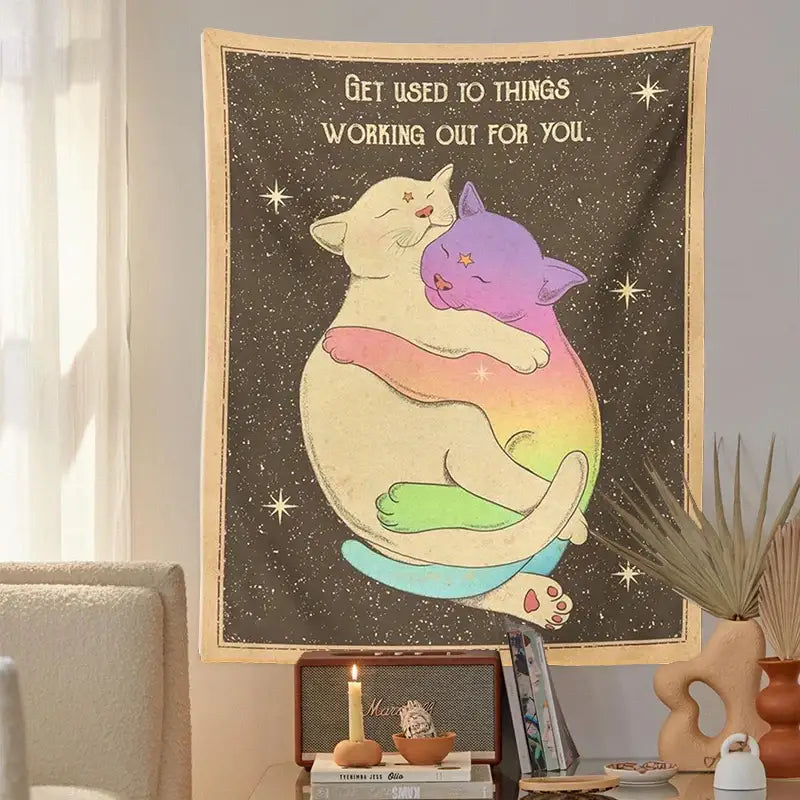 Cozy wall hanging decorbites cat tapestry featuring cream and rainbow cats hugging with inspiring text for bedroom decor