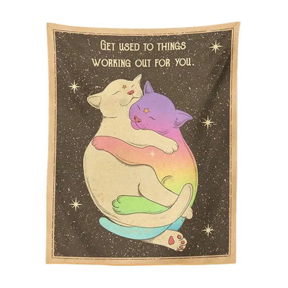 Cream and rainbow cat tapestry tarot wall hanging with cozy starry design for bedroom decorbites cat tapestry decor