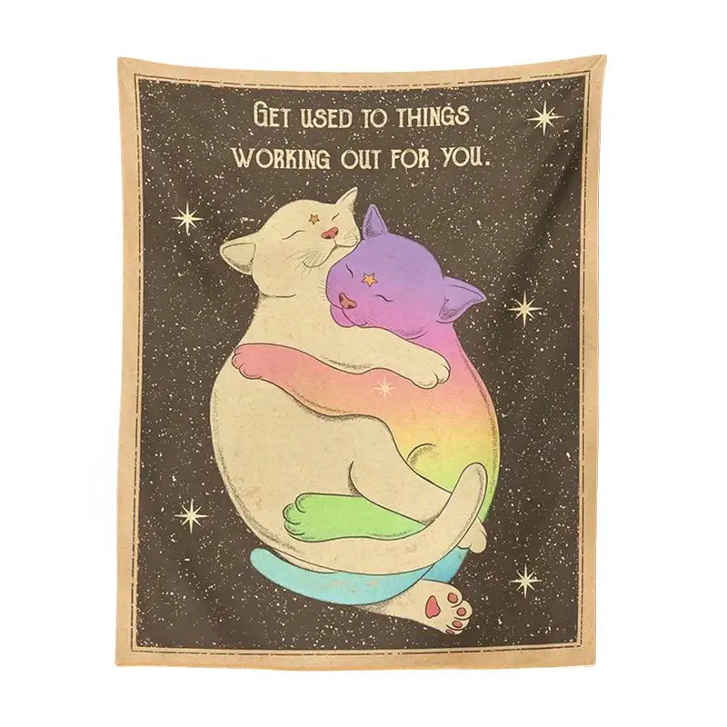 Cream and rainbow cat tapestry tarot wall hanging with cozy starry design for bedroom decorbites cat tapestry decor