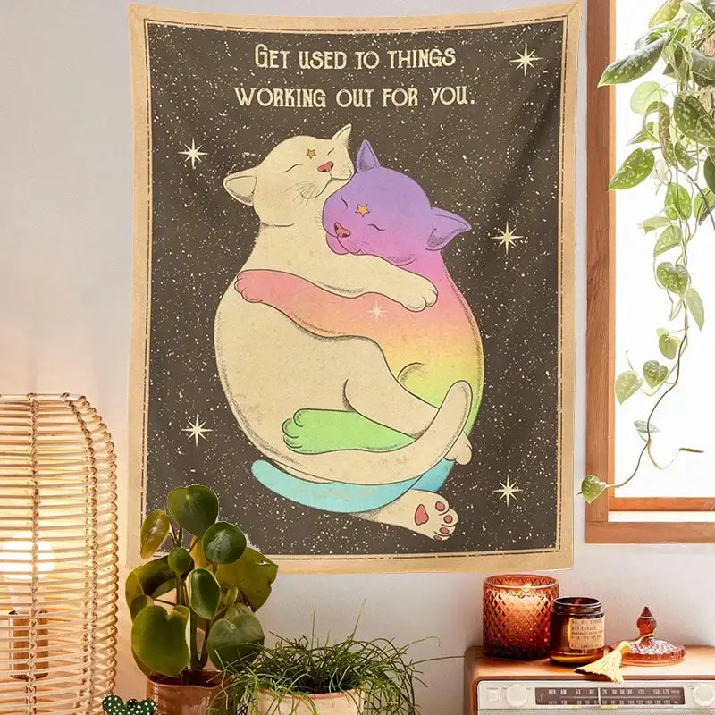 Whimsical starry wall hanging decorbites cat tapestry with cream and rainbow cats embracing and inspirational phrase for bedroom