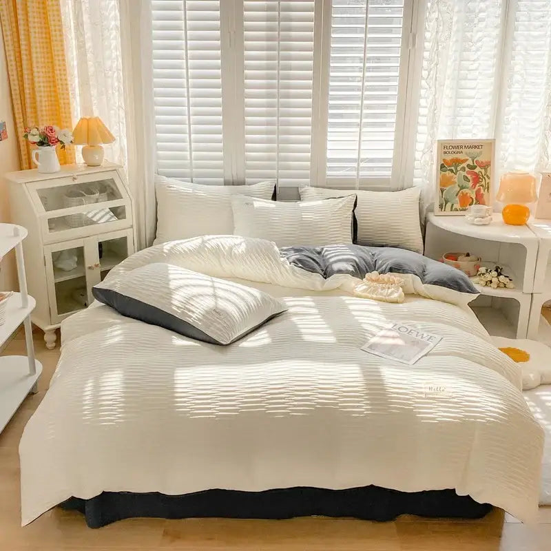 Cream ribbed bubble yarn duvet cover set in cotton with subtle texture and dark gray accent pillow for bedroom bedding