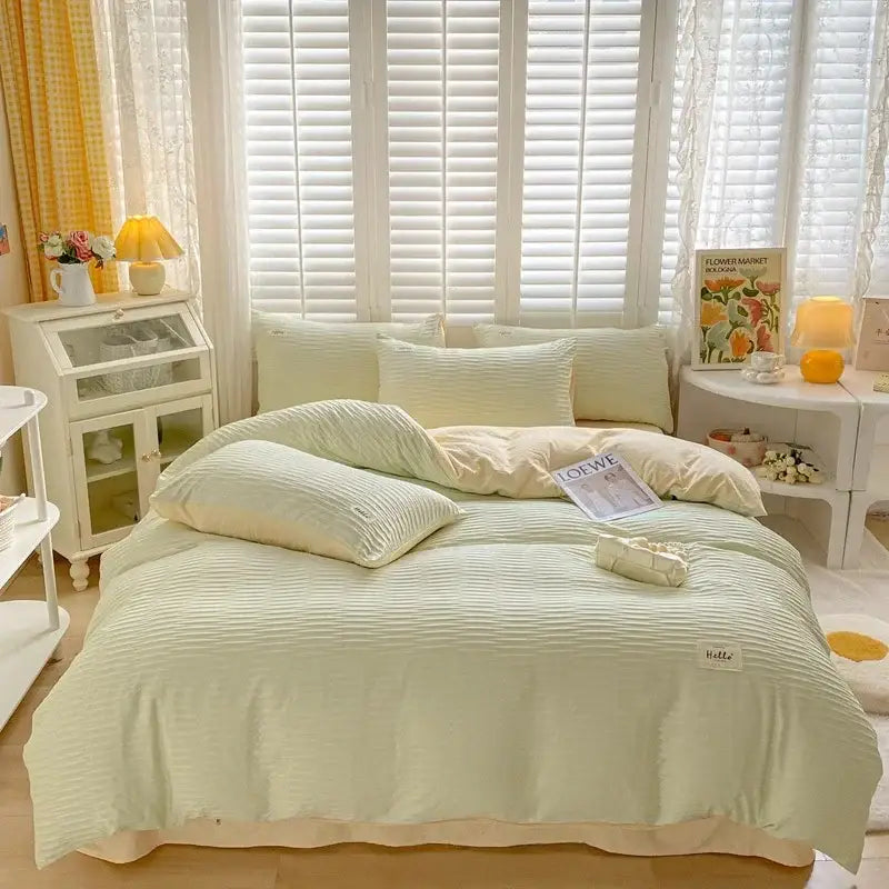 Cream ribbed bubble yarn duvet cover set in mint green cotton with subtle hello label on the corner for bedroom bedding