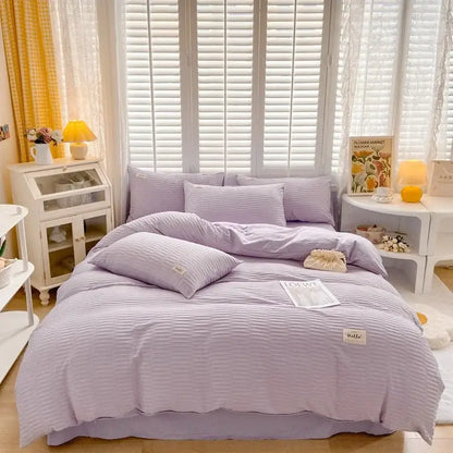 Cream ribbed bubble yarn fabric bedding set with lavender stripes and soft textured finish for bedroom decorbites bubble yarn