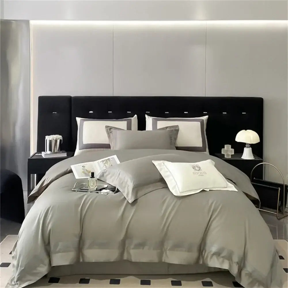 Gray satin duvet cover bedding set with matching pillows and white embroidered sham decorbites 1000tc egyptian cotton