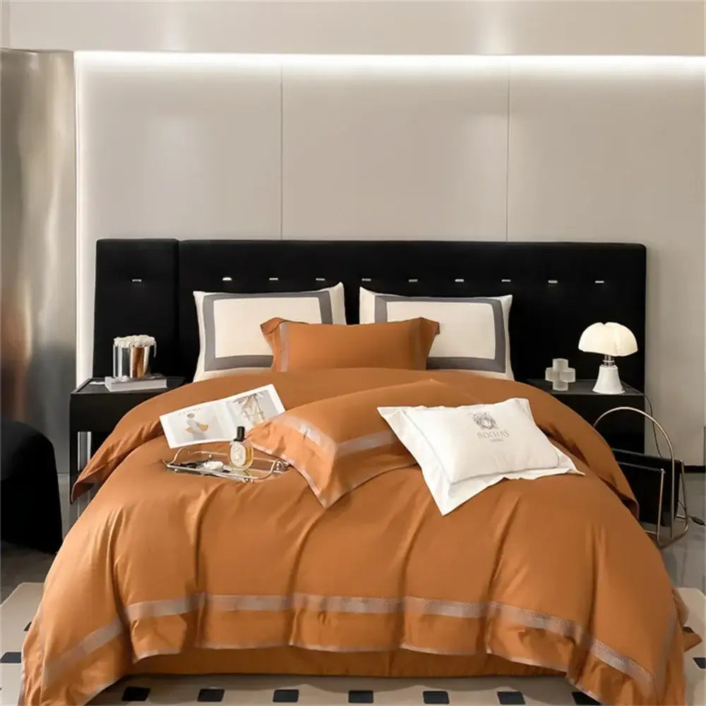 Warm orange satin duvet set with subtle gray trim and matching pillow sham in decorbites 1000tc egyptian cotton bedding set