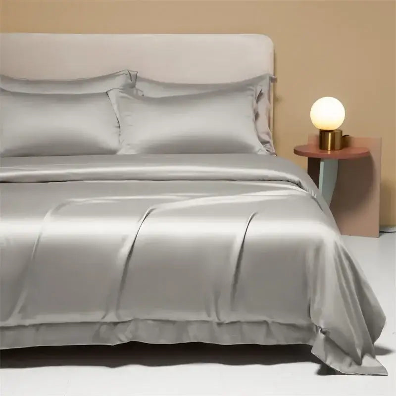 Silk satin duvet cover set in soft silver with elegant pleats from decorbites 120s natural fabric bedding set