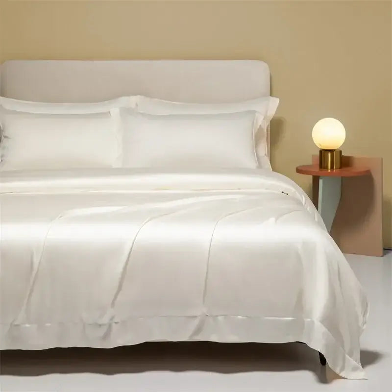 White satin bedding set with smooth glossy finish made from decorbites 120s natural fabric for cooling comfort