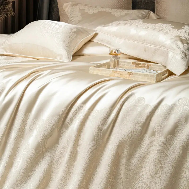 Cream satin jacquard egyptian cotton bedding set featuring an elegant floral pattern and subtle sheen for bedroom decor
