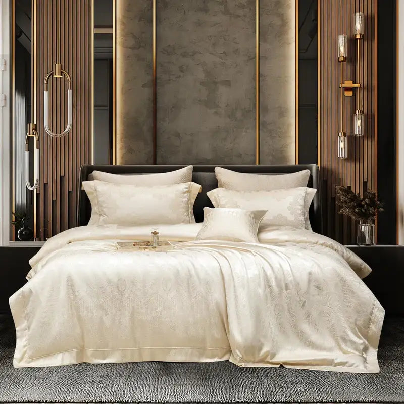 Cream satin jacquard egyptian cotton bedding set featuring subtle embroidered patterns for elegant bedroom decor