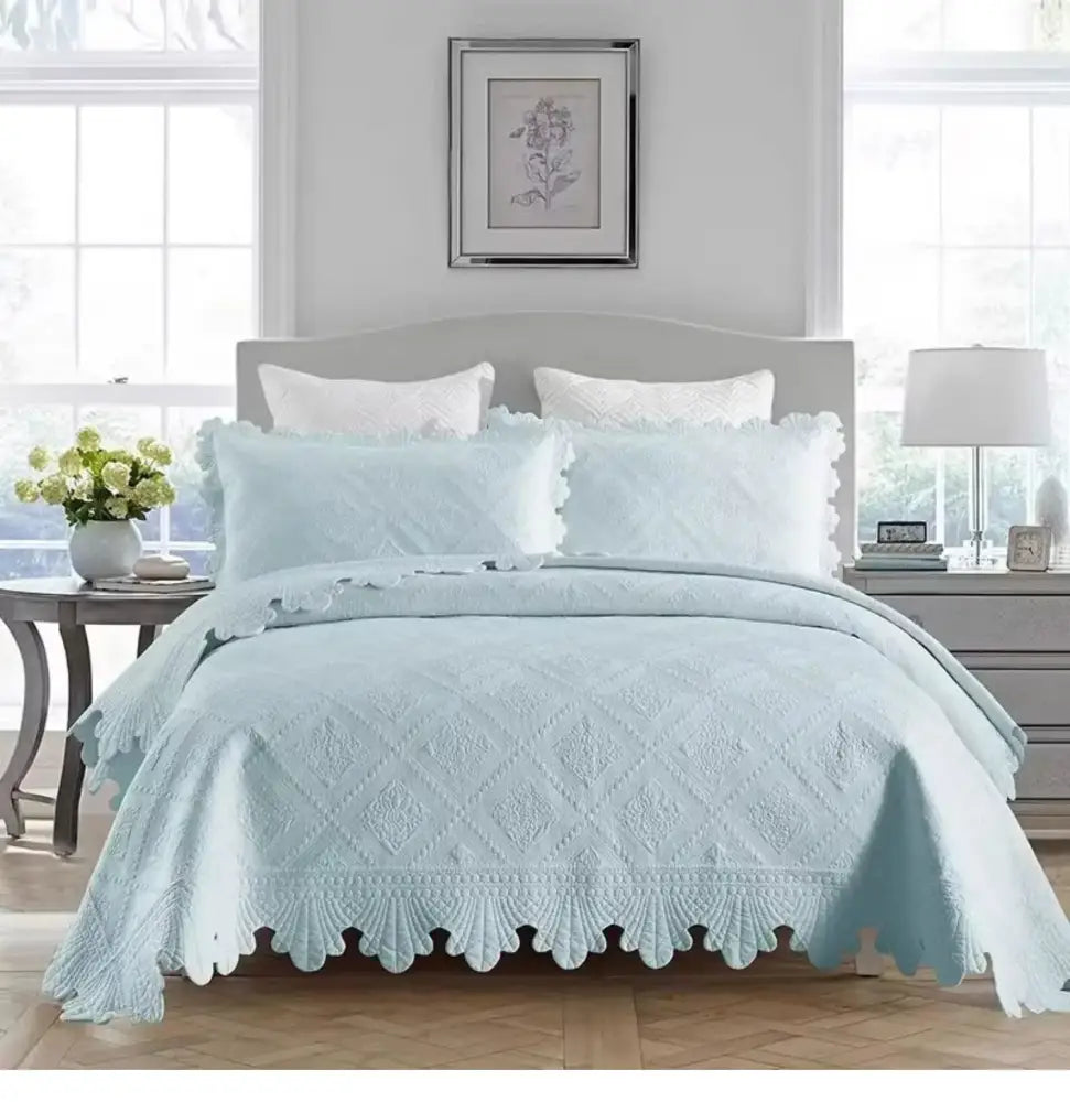 Light blue cotton embroidery quilt set with scalloped edges and diamond pattern suitable for bedroom bedspread