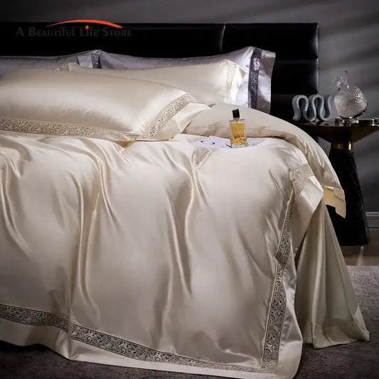 Cream-colored satin bedding set with elegant silver lace trim made from decorbites damask lyocell cotton for bedroom decor