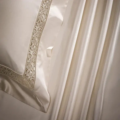 Cream-colored satin pillowcase with beige lace trim from decorbites damask lyocell cotton bedding set