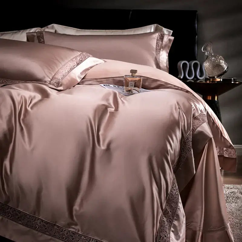 A luxurious rose gold satin duvet cover bedding set with elegant lace trim from decorbites damask lyocell cotton collection