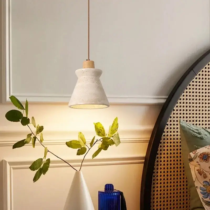 Cream speckled ceramic pendant light with wooden top and decorbites led wood yellow cord suspension for bedroom decor