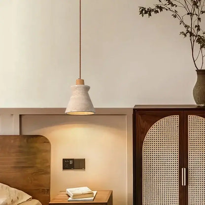 Minimalist concrete pendant light with warm tapered shade and wooden top in decorbites led wood yellow style for bedroom