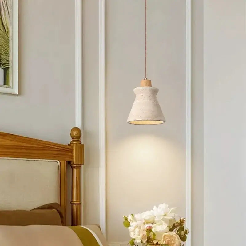 Minimalist pendant light with cream speckled ceramic shade and led wood yellow top for bedroom decorbites led wood design