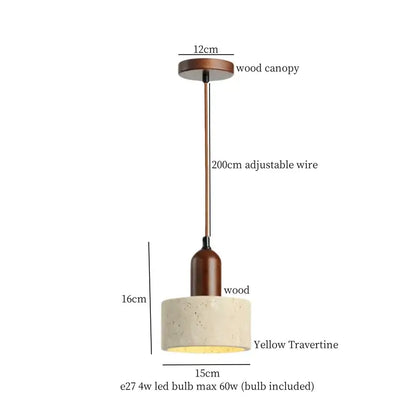 Rustic pendant light with a warm brown wooden canopy and led wood yellow travertine shade for bedroom decorbites led wood