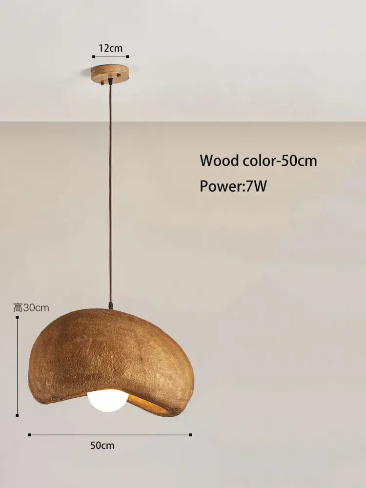A rustic 50cm-wide cream style cloud pendant lamp with a textured wood-colored shade and wooden ceiling mount by decorbites