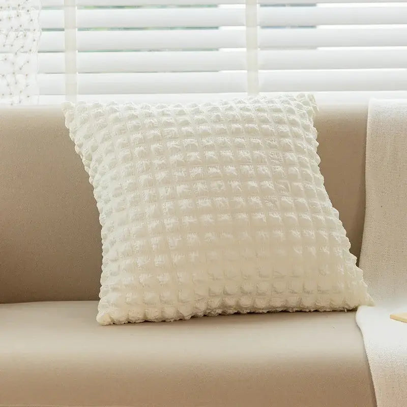 Cream-colored cushion cover with elastic puff plaid textured raised dot pattern for living room decor