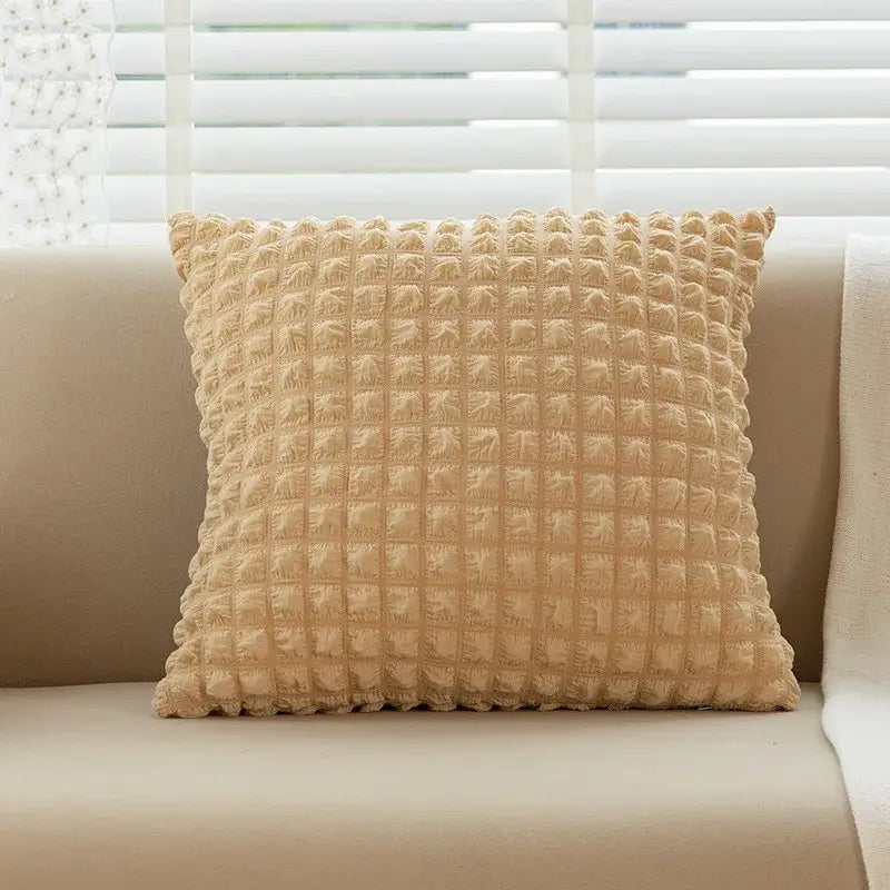 Beige textured cushion cover with raised elastic puff plaid pattern for living room decor