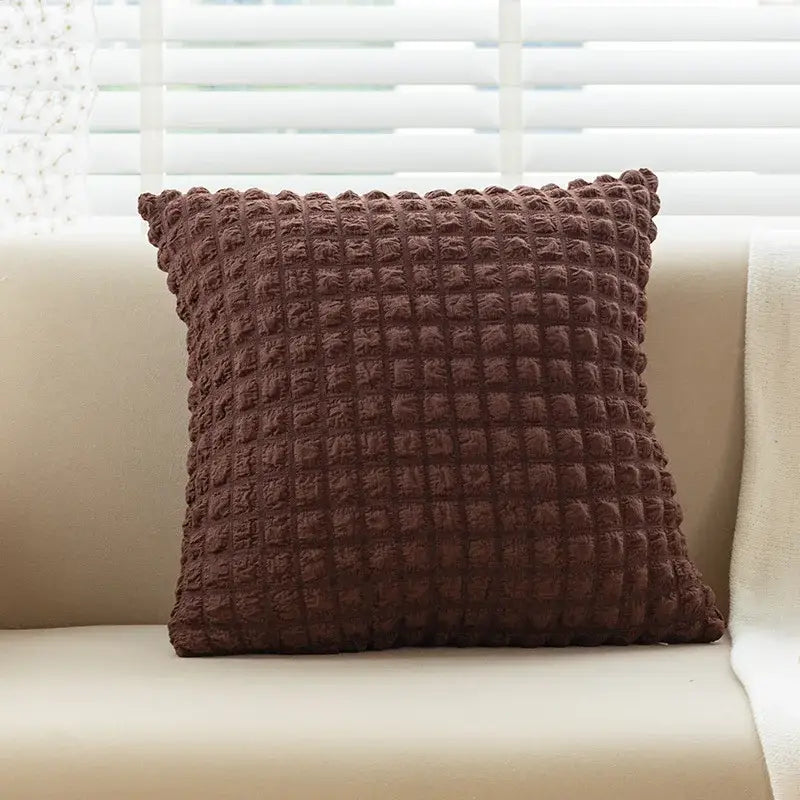 Brown textured elastic puff plaid cushion cover with quilted raised grid pattern for living room decor