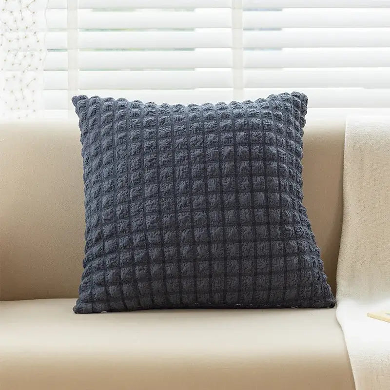 Dark gray textured throw pillow with quilted raised grid pattern elastic puff plaid cushion cover for living room decor