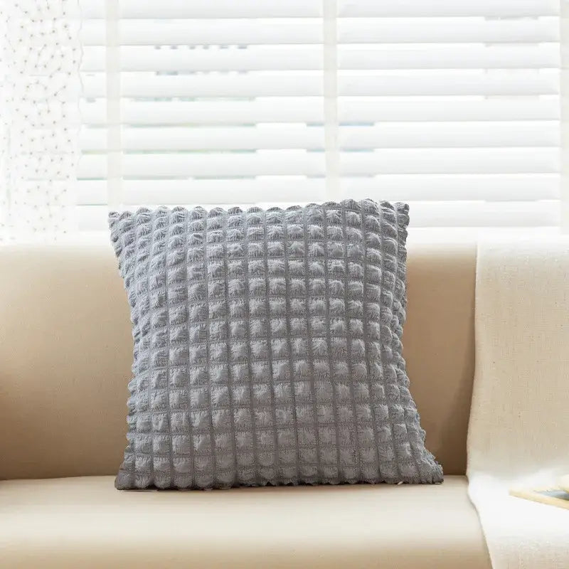 Gray textured throw pillow with raised grid pattern elastic puff plaid cushion cover for living room decor