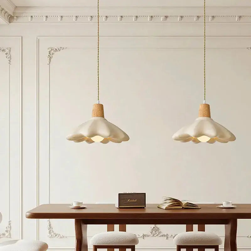 Cream style led flower chandelier with cream-colored wooden accents and gold-toned cords for bedroom decorbites cream style