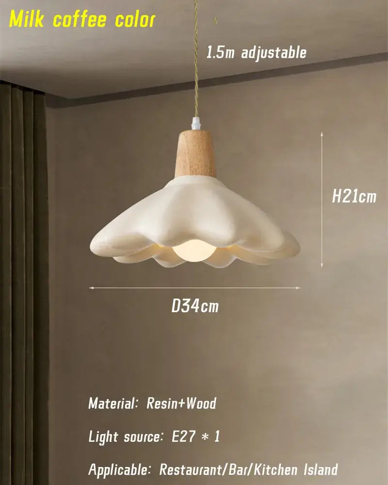 A cream style led flower chandelier pendant light in milk coffee resin and wood with flared petal shade for bedroom decorbites cream style