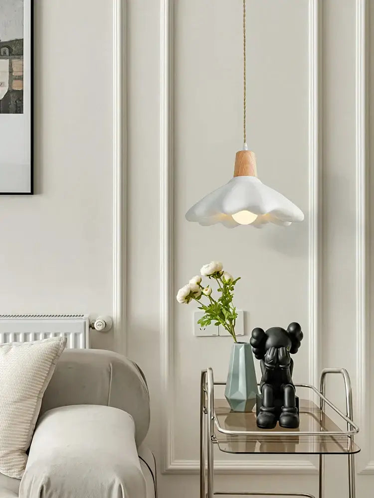 Cream style led flower chandelier with a white flower-shaped pendant and wooden top for bedroom decorbites cream style