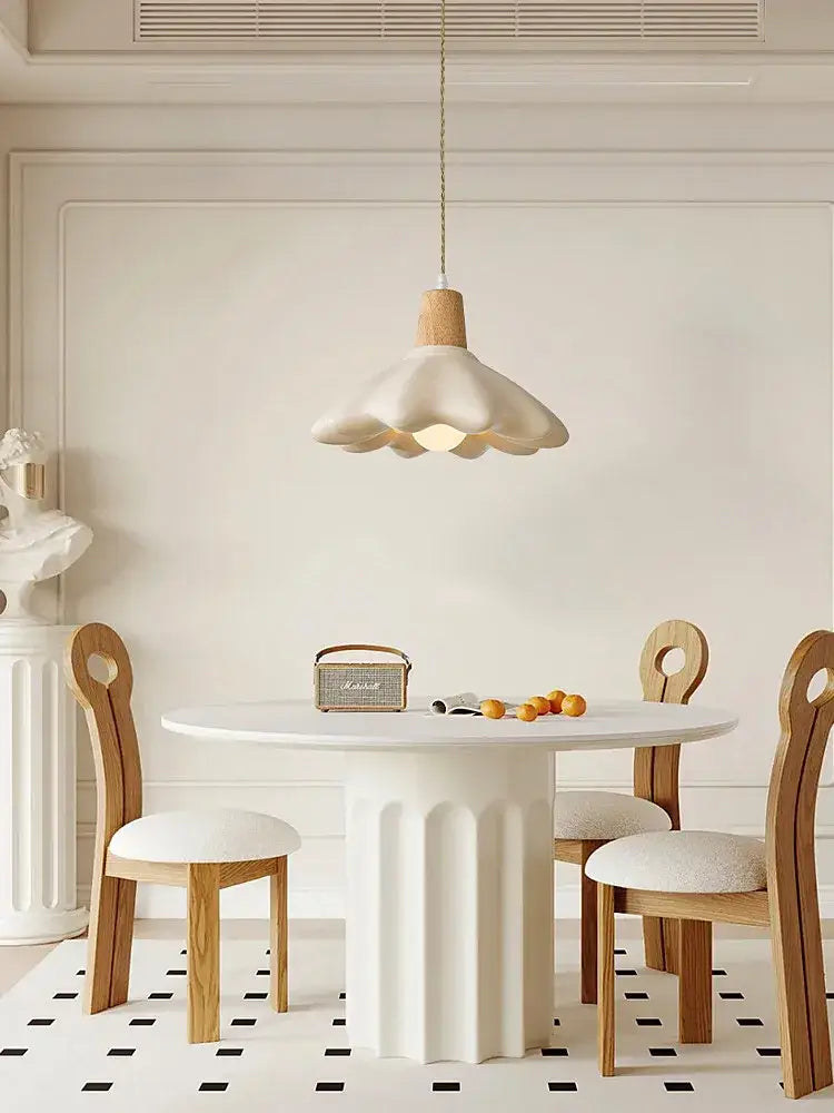 Cream style led flower chandelier with white flower-shaped pendant, wooden top, and gold cord for bedroom decorbites cream style