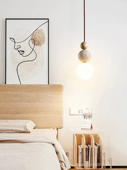 Minimalist cream style led pendant lamp with beige concrete and wooden orb shades for warm bedroom decorbites decor