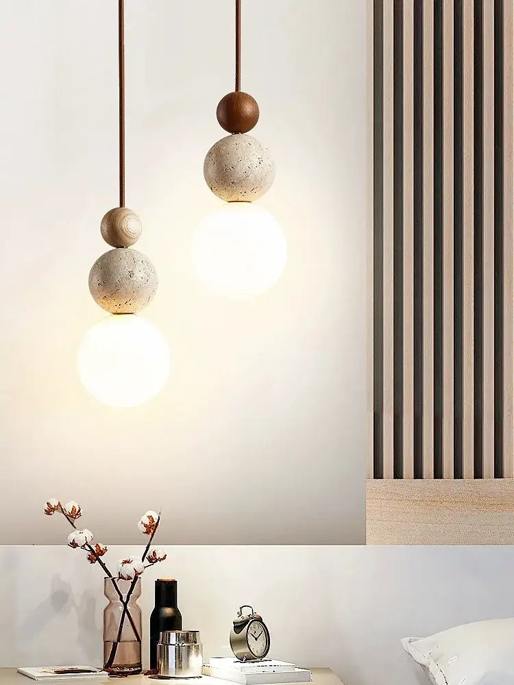 Cream style led pendant lamp with stacked concrete spheres and warm wood tones for bedroom decorbites cream style lighting