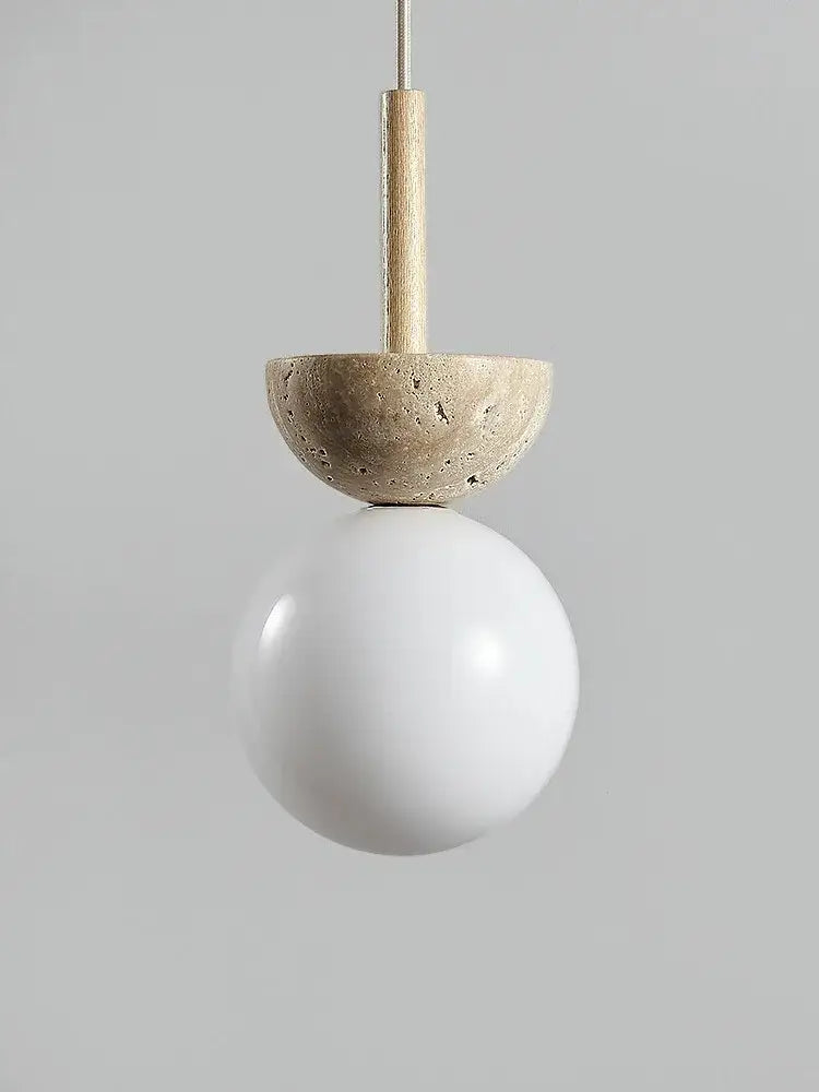 Minimalist cream style nordic pendant lamp with matte white glass globe, beige stone half-disk, and wooden rod decorbites cream style