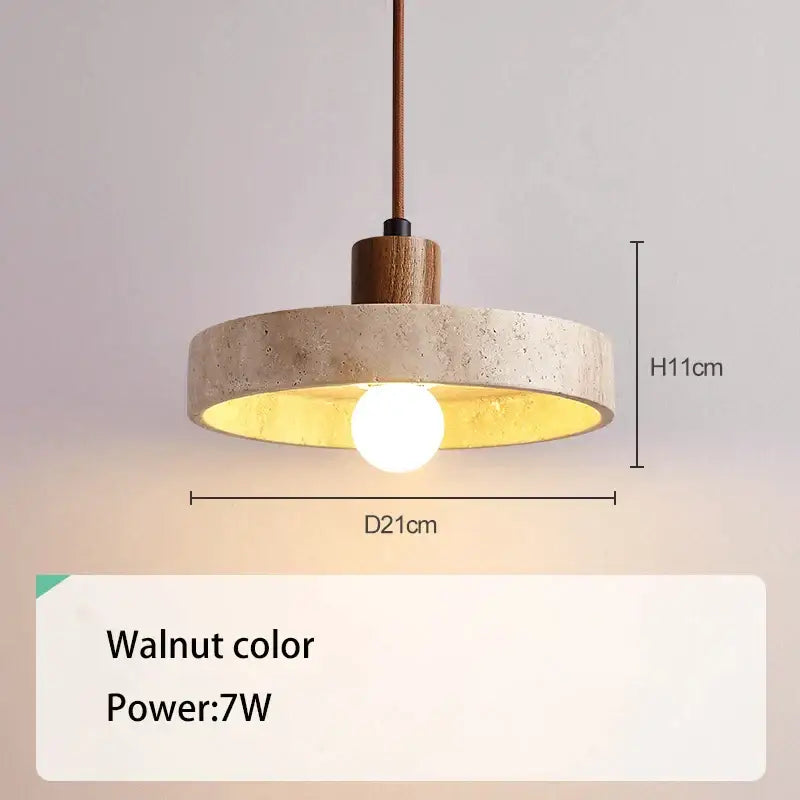 Cream style wood walnut and concrete pendant light with warm gold interior and wooden suspension rod for bedroom decorbites cream style