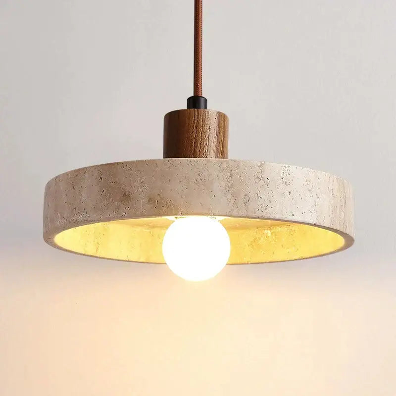 Minimalist cream style wood walnut and concrete pendant light with textured ring and warm gold interior for bedroom decorbites cream style