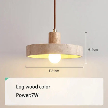 Cream style wood walnut and concrete pendant light with a circular log wood shade and brown fabric cord decorbites cream style