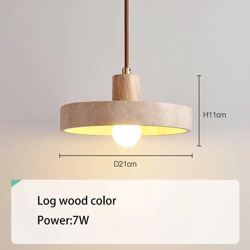 Cream style wood walnut and concrete pendant light with a circular log wood shade and brown fabric cord decorbites cream style