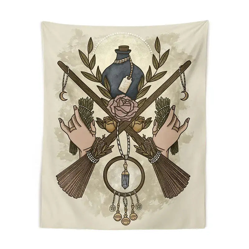 Cream tarot witchcraft tapestry featuring a beige mystical design with crossed brooms sage and baphomet tarot elements