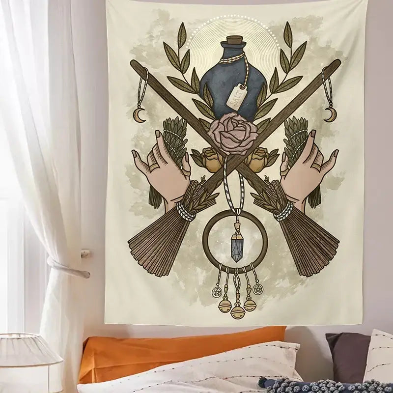 Cream tarot witchcraft tapestry with beige witch design featuring crossed brooms herbs and occult symbols in earthy tones