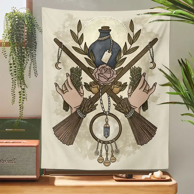 Cream tarot witchcraft tapestry in beige featuring witch-themed illustration with brooms herbs potion and dreamcatcher wall decor