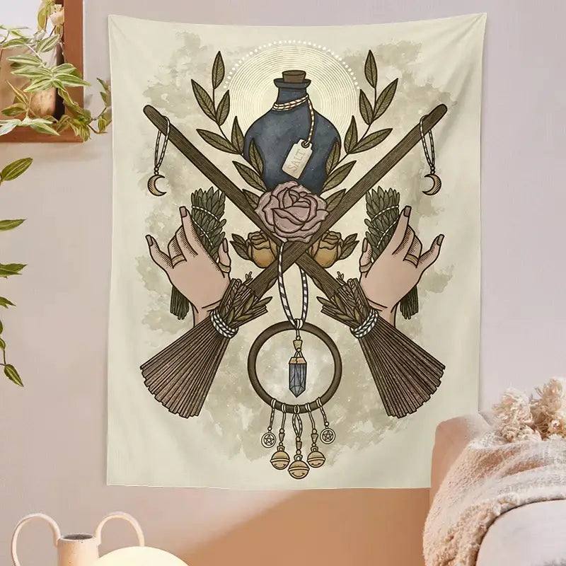 Cream tarot witchcraft tapestry featuring mystical design with crossed brooms herbs potion and dreamcatcher wall decor