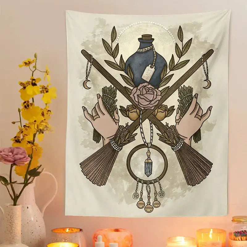 Cream tarot witchcraft tapestry with witch-themed design featuring crossed brooms, herbs, and mystical symbols for bedroom decor