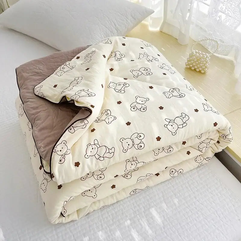 Cream teddy bear breathable double gauze quilt with black outlines and taupe lining for bedroom bedding decorbites breathable double