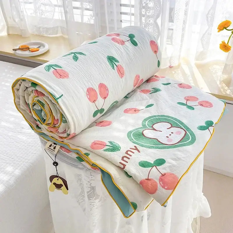 A soft white cream teddy bear breathable double gauze quilt with cherry and bunny pattern and yellow trim for bedroom decorbites breathable double gauze bedding
