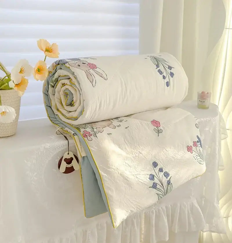 Cream teddy bear breathable double gauze quilt with pastel bunny embroidery and yellow piping for bedroom bedding decorbites breathable double