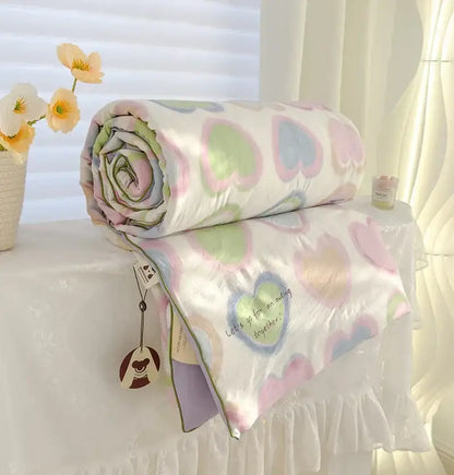 A cream teddy bear breathable double gauze quilt with pastel heart patterns in pink green and blue for bedroom bedding decorbites breathable double gauze