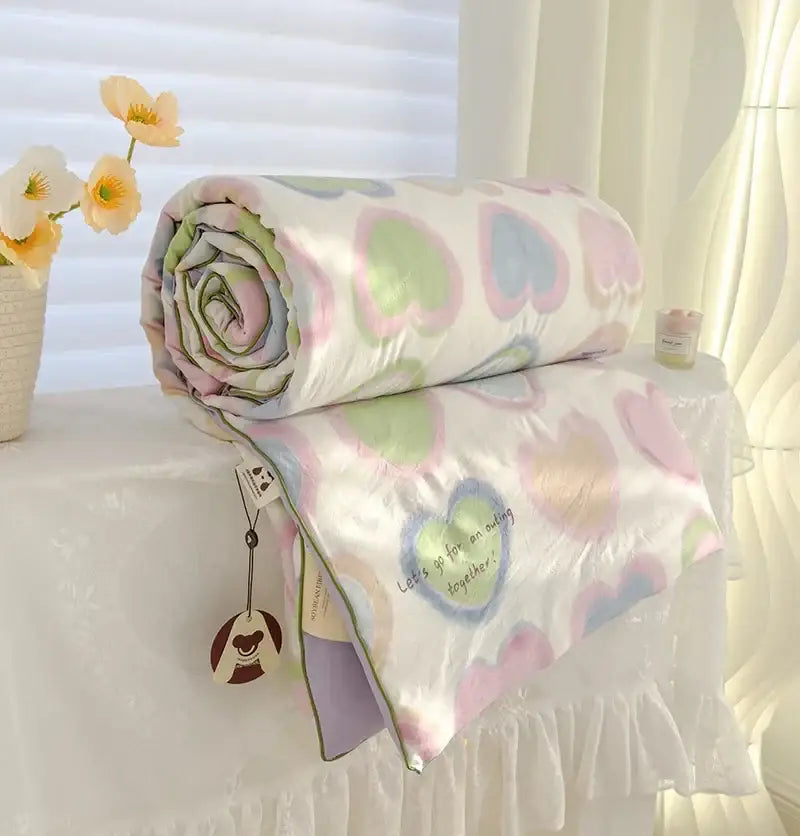 A cream teddy bear breathable double gauze quilt with pastel heart patterns in pink green and blue for bedroom bedding decorbites breathable double gauze