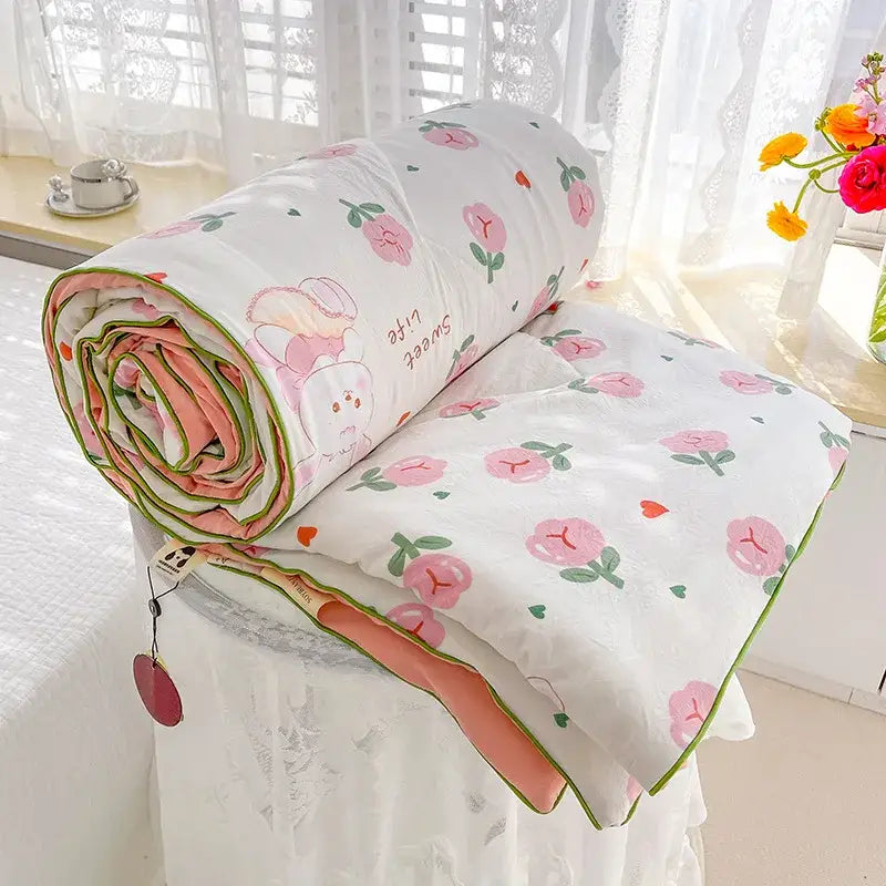 Cream teddy bear double layered soya fibre quilt with playful pink peach pattern and cartoon design for bedroom comforter